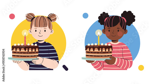 Happy diverse girls holding birthday cakes with lit candles, celebrating a special occasion with joy and sweet treats.
