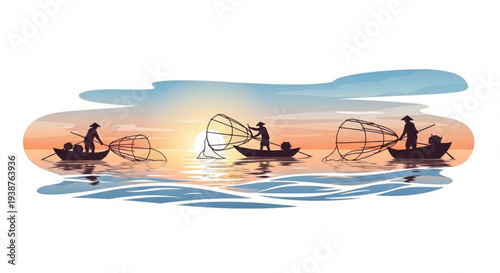 Fishermen in silhouette on boats with nets at serene sunset over calm sea water