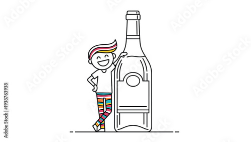 Playful boy with colorful hair and striped leggings cheerfully leaning against a large bottle of wine, a whimsical and abstract depiction.
