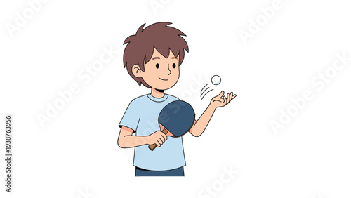 Young boy happily playing table tennis, holding a paddle and tossing the ball in the air, ready for a game.