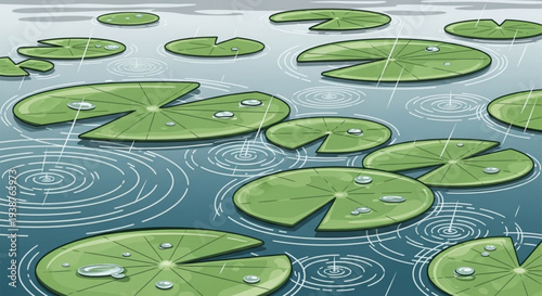 Large green lily pads float on serene water with ripples and droplets on a sunny day in a peaceful aquatic environment with natural beauty