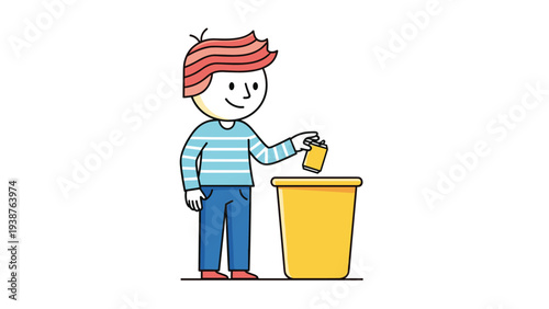 Smiling boy with colorful hair putting trash into a yellow waste bin, promoting recycling and environmental responsibility.