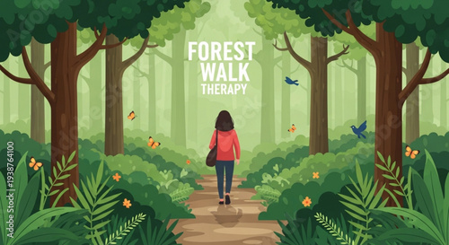Woman walks on forest path for mindfulness therapy surrounded by trees and nature