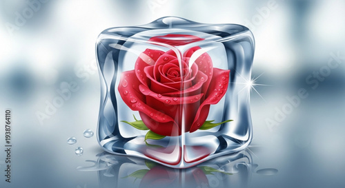 Frozen red rose in ice cube with water droplets on reflective surface