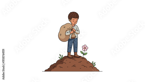 Young boy standing reflectively on a mound of soil with a blooming flower, clutching a burlap sack, representing growth, labor, and contemplation.