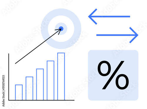 Business strategy, financial growth, data analysis, goal setting, market performance, forecasting trends. Bar graph, target symbol with arrow arrows and percentage icon. Financial growth and data