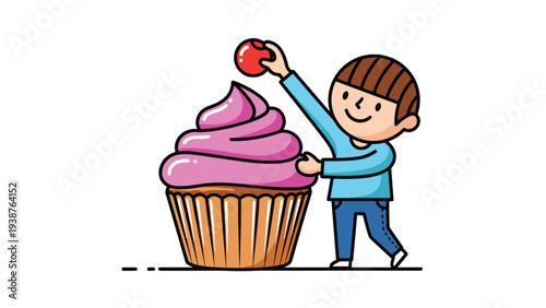 Happy young boy adorably placing a cherry on top of a giant cupcake, symbolizing baking, celebration, and sweet indulgence.