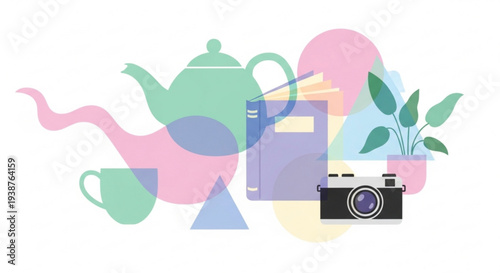 Colorful still life with teapot book camera and plant on white background with geometric shapes