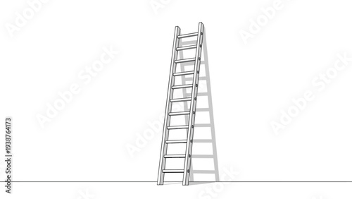 Simple wooden ladder leaning against a plain white wall, casting a subtle shadow, representing ascent, progress, and reaching new heights.