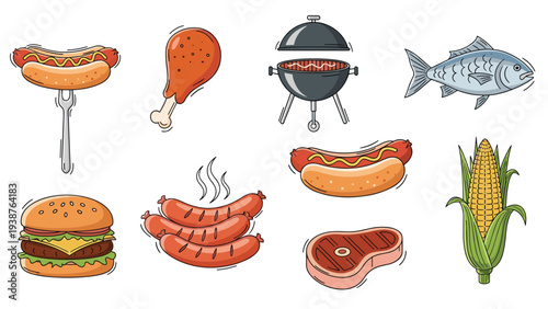 Assortment of classic barbecue meal components, including a grill, hot dogs, chicken, fish, sausages, burgers, steak, and corn on the cob.