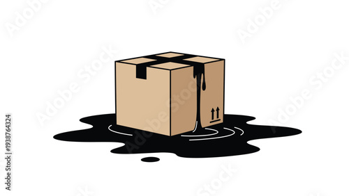 Cardboard box leaking black liquid, creating a dark puddle around it, symbolizing spills, damage, contamination, or hazardous materials in packaging.