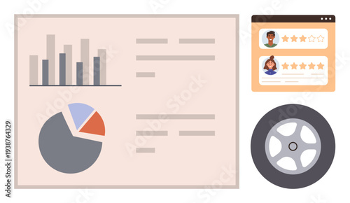 Business analytics, customer feedback, performance measurement, market research, automotive concept, data presentation. Bar graph and pie chart with review ratings and wheel symbol. Business