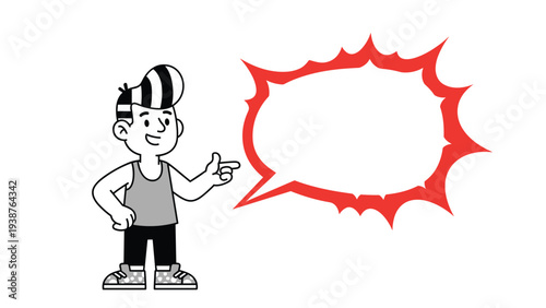 Man with a cool hairstyle pointing confidently, next to a vibrant red starburst speech bubble for announcing messages or promotions.