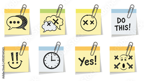 Collection of yellow sticky notes with hand-drawn doodles and attached paper clips, depicting chat bubbles, happy faces, a clock, and various symbols.