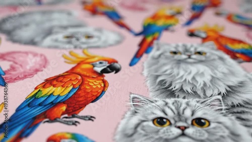 Vibrant Tropical Birds and Fluffy Cats Seamless Pattern Design.
