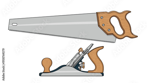 Essential woodworking tools, including a sturdy hand saw and a precise wood plane, representing craftsmanship, carpentry, and manual labor.