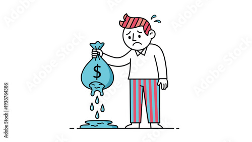 Sad man anxiously holding a leaky money bag, with dollar signs and water dripping, symbolizing financial loss, debt, or economic hardship.