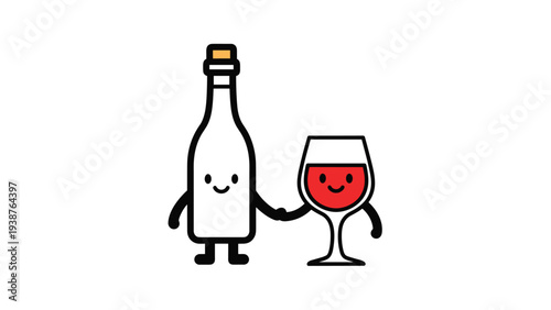 Adorable cartoon wine bottle and wine glass holding hands and smiling, depicting friendship, celebration, and responsible drinking in a cute way.