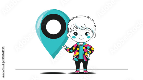Smiling young boy standing confidently next to a large blue location pin, symbolizing navigation, destination, and finding the right place.