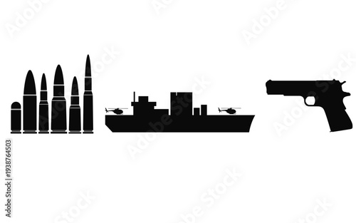 Gun and bullets, Modern technique of battle silhouette, Attacking weapons set, Battle and war equipment collection 
