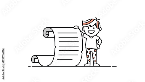 Happy young boy in pajamas happily holding a very long, scrolled checklist, suggesting tasks, dreams, or goals for the day or future.