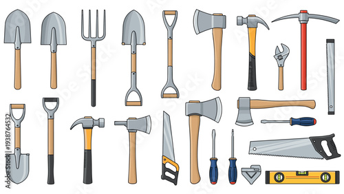 Extensive collection of diverse construction, gardening, and carpentry tools, including various shovels, axes, hammers, wrenches, picks, saws, screwdrivers, and levels.