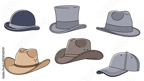 Stylish collection of diverse hat styles, including a bowler, top hat, fedora, two cowboy hats, and a baseball cap, for fashion and accessories.