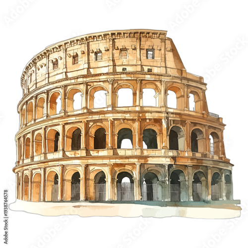 Watercolor illustration of the Roman Colosseum landmark in Italy
