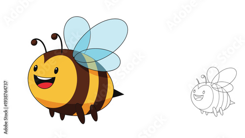 Adorable chubby cartoon bee happily flying (color and line art versions), depicting a cheerful insect character, ideal for children's themes.