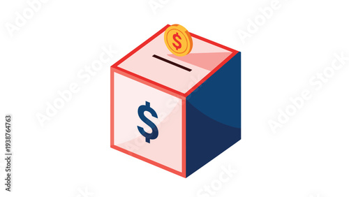 Isometric money box or donation box with a prominent dollar sign, and a coin being dropped in, symbolizing savings, investment, or charitable giving.