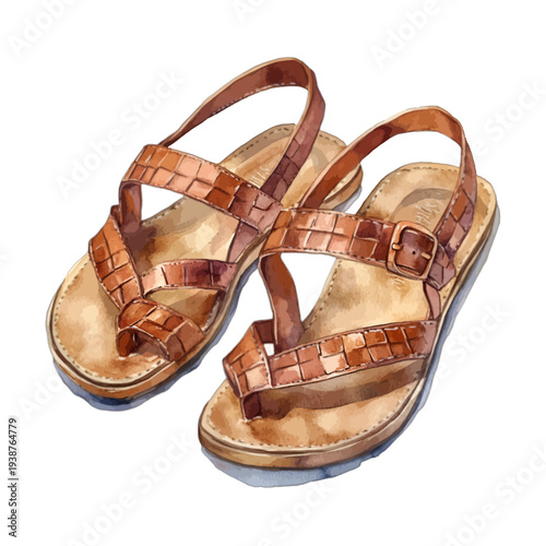 Watercolor Brown Leather Sandals Illustration Isolated on White Background