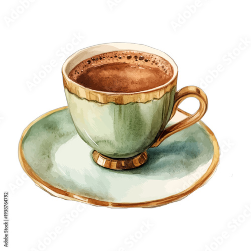 Watercolor vintage green teacup and saucer with hot coffee or tea