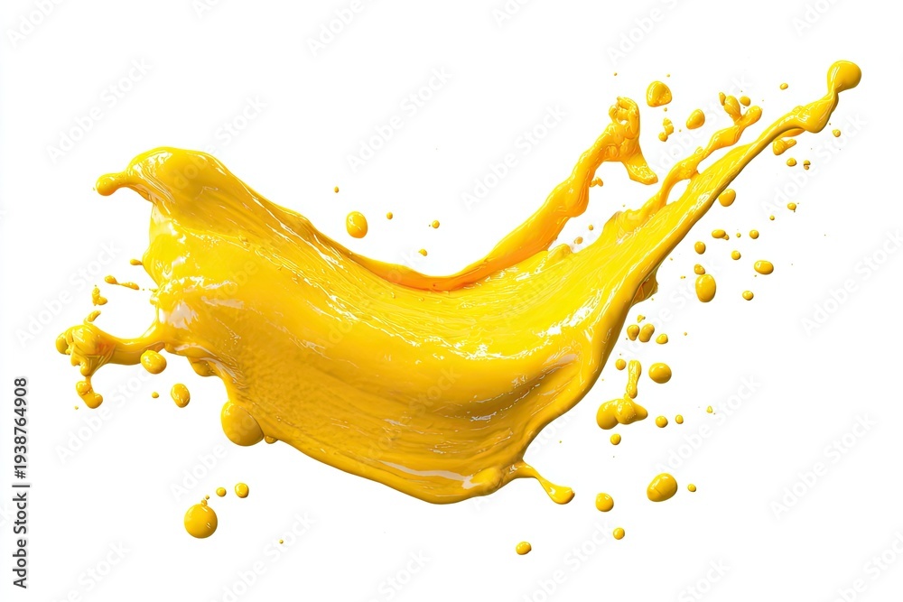 Fototapeta premium A dynamic, isolated splash of bright yellow liquid in mid-air against a white backdrop