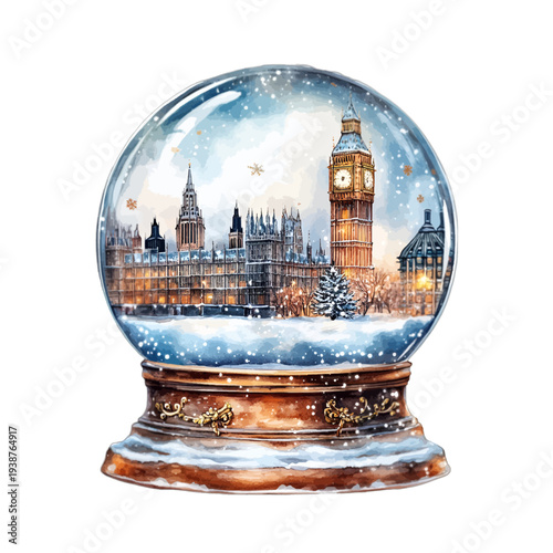 Watercolor London Snow Globe Illustration with Big Ben and Parliament
