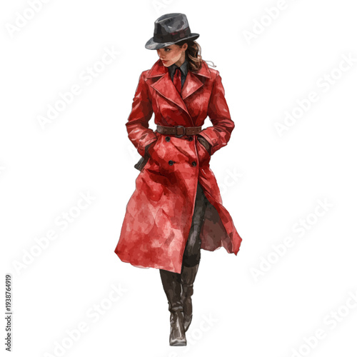 Watercolor portrait of woman in red trench coat and black fedora hat