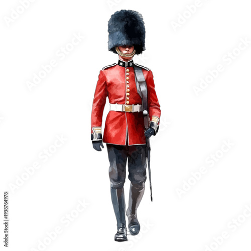 Watercolor British royal guard in scarlet tunic and bearskin hat
