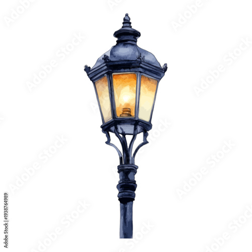 Watercolor Vintage Street Lamp Illustration with Glowing Warm Light