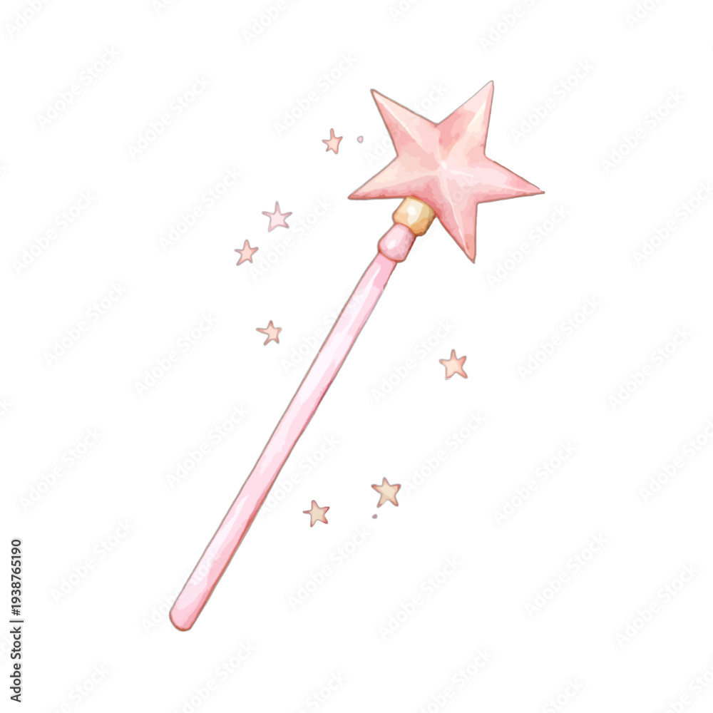 Fototapeta premium Watercolor Pink Star Magic Wand Illustration with Sparkling Gold Stars