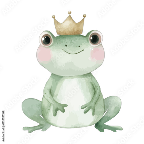 Watercolor frog prince with gold crown, rosy cheeks, and green skin