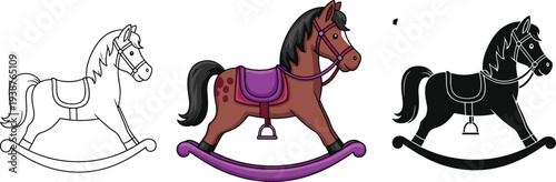 Rocking horse toy illustration set featuring outline, colored and silhouette styles for kids playroom decor, nursery design and children product graphics