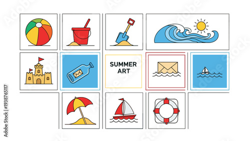 Delightful collection of summer-themed icons, featuring a beach ball, bucket and spade, sandcastle, ocean wave, message in a bottle, sailboat, umbrella, and lifebuoy.