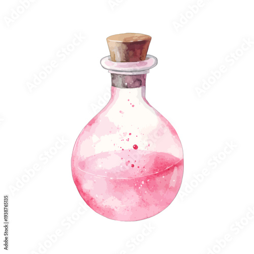 Watercolor pink magic potion bottle with cork stopper and bubbles