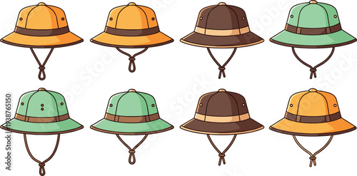 Safari explorer hats collection with chin strap vintage pith helmet styles adventure headwear cartoon vector set isolated outdoor travel accessory illustration design