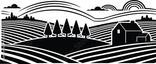 Rural Farm Landscape Silhouette with Rolling Fields Trees and Barn Scenic Countryside Vector Illustration in Black and White for Design