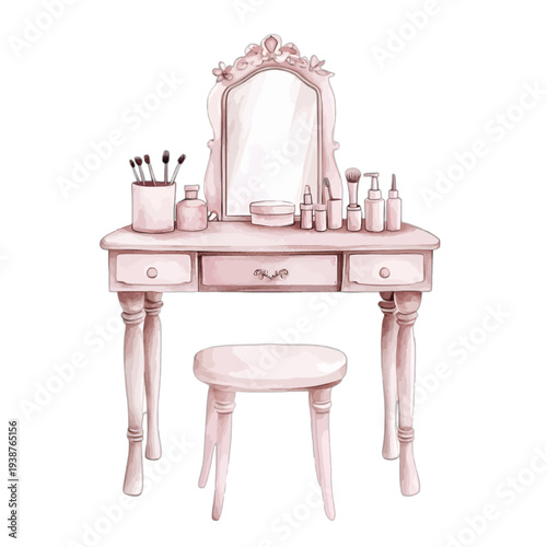 Watercolor pink vanity table with mirror, stool, and makeup accessories