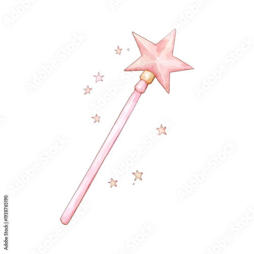 Watercolor Pink Star Magic Wand Illustration with Sparkling Gold Stars