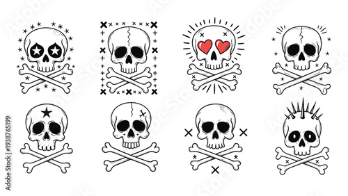 Diverse collection of hand-drawn skull and crossbones designs showcasing various artistic styles and symbolic elements, perfect for edgy graphic projects.