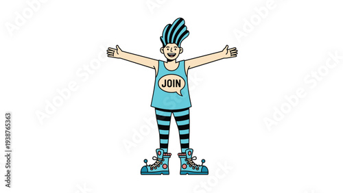 Enthusiastic and vibrant character with spiky blue hair and striped leggings, arms wide open, inviting participation with a "JOIN" speech bubble.