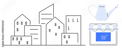 Urban planning, online shopping, market growth, e-commerce, cityscape, digital retail. A city skyline with a market symbol and watering can. Urban planning and online shopping