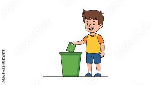 Cheerful cartoon boy demonstrating environmental responsibility by happily disposing of trash into a green waste bin.
